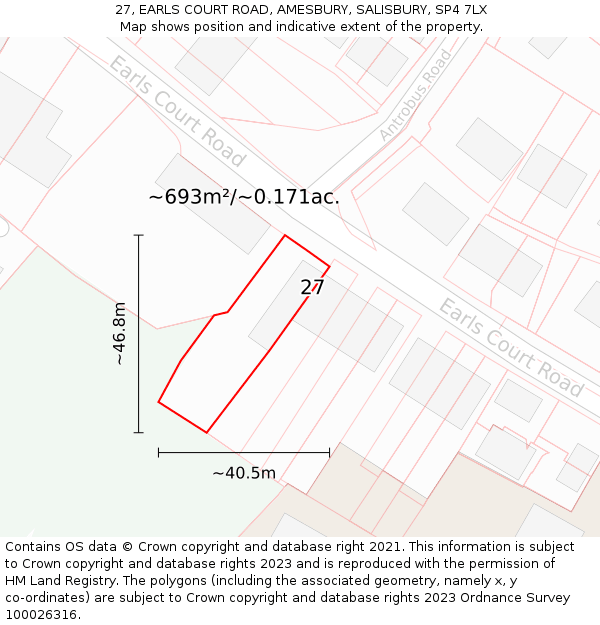 27, EARLS COURT ROAD, AMESBURY, SALISBURY, SP4 7LX: Plot and title map