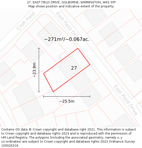 27, EAST FIELD DRIVE, GOLBORNE, WARRINGTON, WA3 3YP: Plot and title map