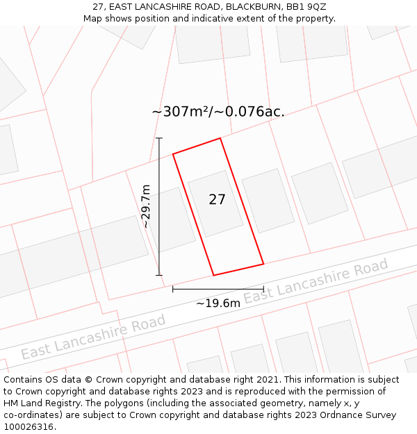 27, EAST LANCASHIRE ROAD, BLACKBURN, BB1 9QZ: Plot and title map