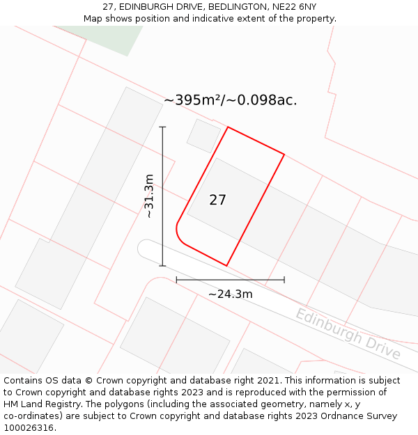 27, EDINBURGH DRIVE, BEDLINGTON, NE22 6NY: Plot and title map