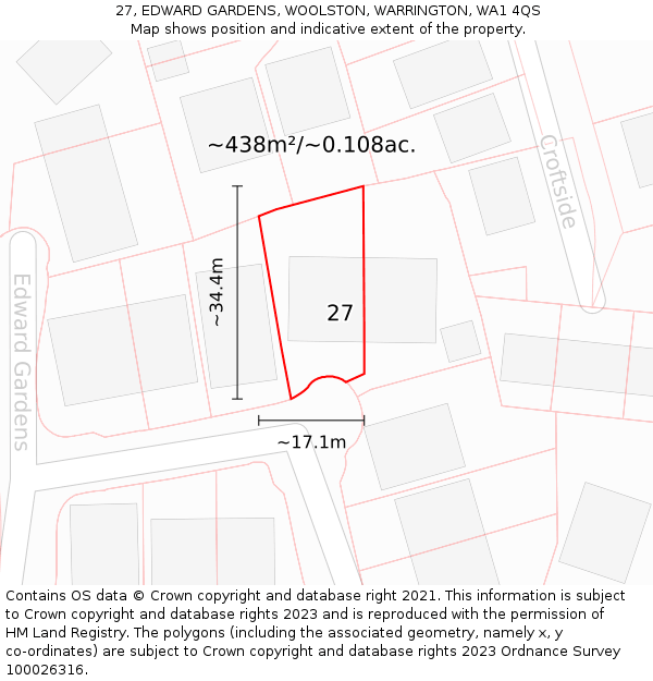 27, EDWARD GARDENS, WOOLSTON, WARRINGTON, WA1 4QS: Plot and title map