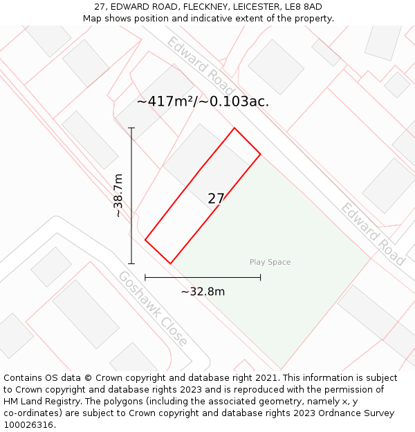 27, EDWARD ROAD, FLECKNEY, LEICESTER, LE8 8AD: Plot and title map