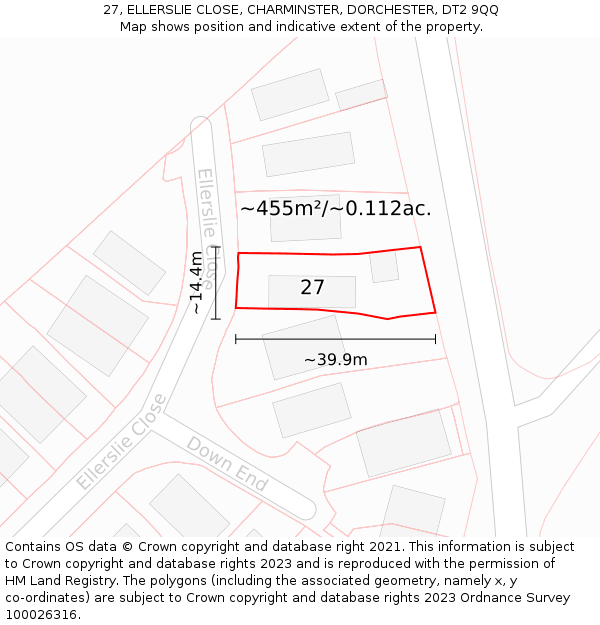 27, ELLERSLIE CLOSE, CHARMINSTER, DORCHESTER, DT2 9QQ: Plot and title map