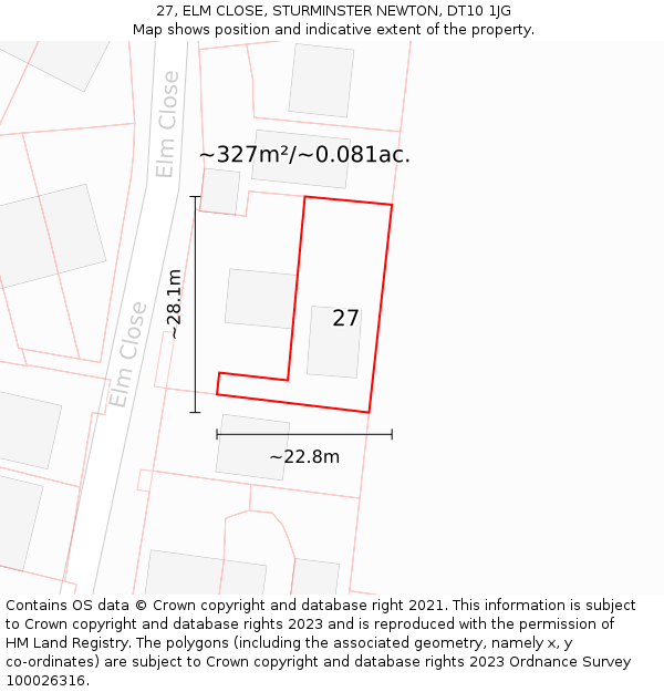 27, ELM CLOSE, STURMINSTER NEWTON, DT10 1JG: Plot and title map