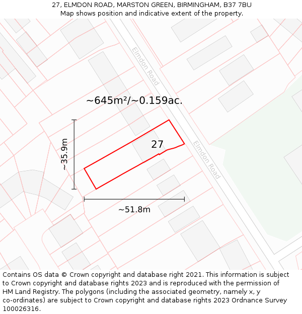 27, ELMDON ROAD, MARSTON GREEN, BIRMINGHAM, B37 7BU: Plot and title map