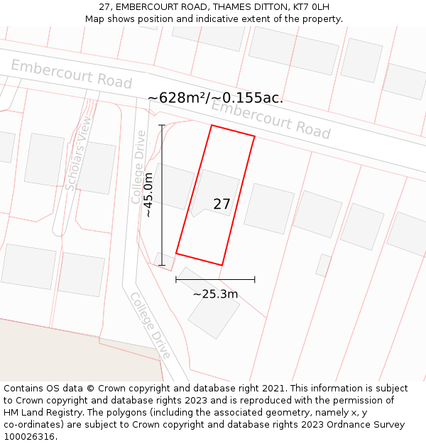 27, EMBERCOURT ROAD, THAMES DITTON, KT7 0LH: Plot and title map