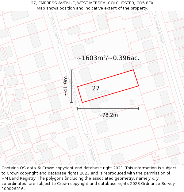 27, EMPRESS AVENUE, WEST MERSEA, COLCHESTER, CO5 8EX: Plot and title map