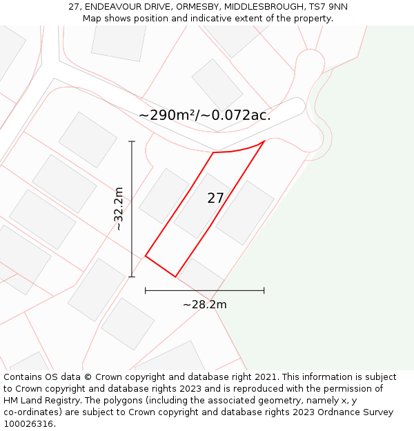 27, ENDEAVOUR DRIVE, ORMESBY, MIDDLESBROUGH, TS7 9NN: Plot and title map