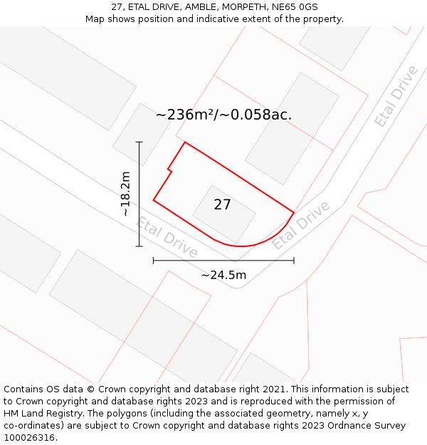 27, ETAL DRIVE, AMBLE, MORPETH, NE65 0GS: Plot and title map