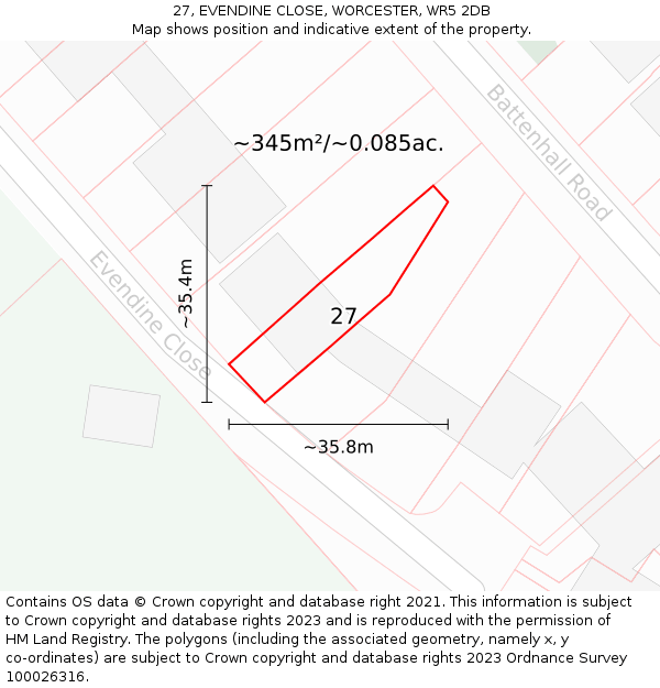 27, EVENDINE CLOSE, WORCESTER, WR5 2DB: Plot and title map