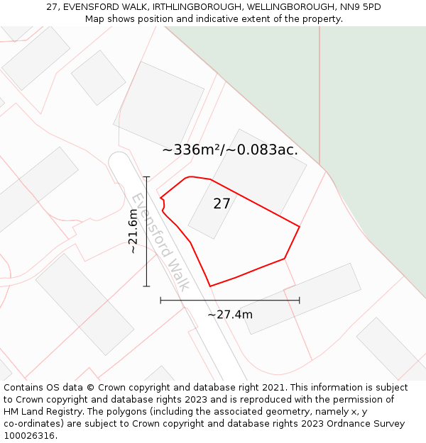 27, EVENSFORD WALK, IRTHLINGBOROUGH, WELLINGBOROUGH, NN9 5PD: Plot and title map