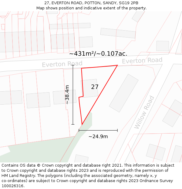 27, EVERTON ROAD, POTTON, SANDY, SG19 2PB: Plot and title map