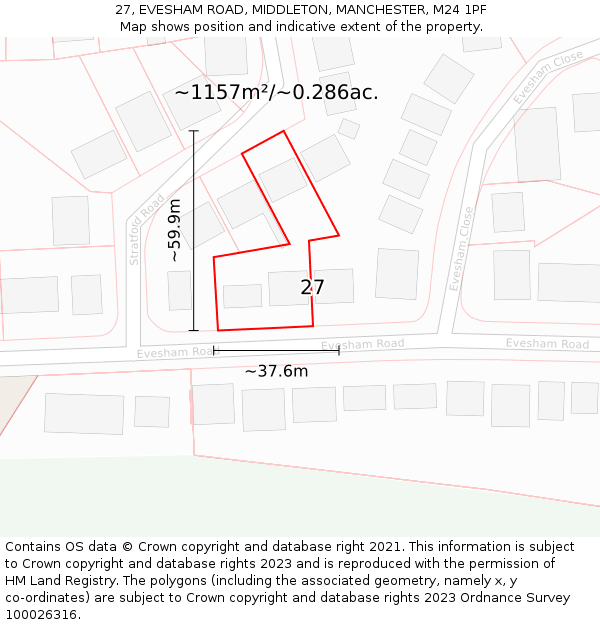 27, EVESHAM ROAD, MIDDLETON, MANCHESTER, M24 1PF: Plot and title map