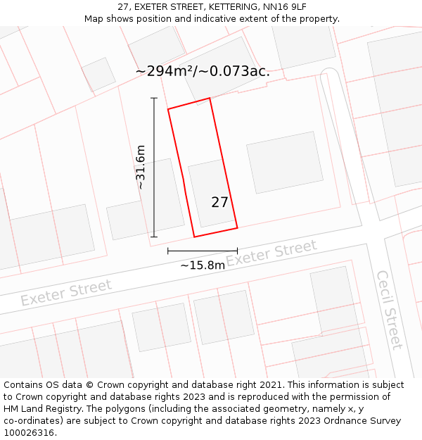 27, EXETER STREET, KETTERING, NN16 9LF: Plot and title map