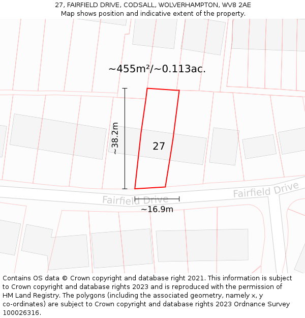 27, FAIRFIELD DRIVE, CODSALL, WOLVERHAMPTON, WV8 2AE: Plot and title map