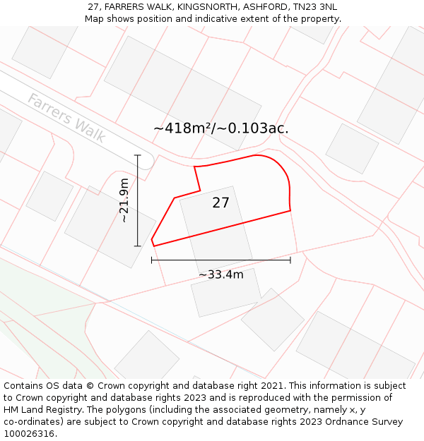27, FARRERS WALK, KINGSNORTH, ASHFORD, TN23 3NL: Plot and title map