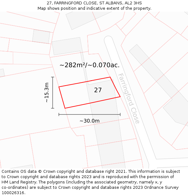 27, FARRINGFORD CLOSE, ST ALBANS, AL2 3HS: Plot and title map