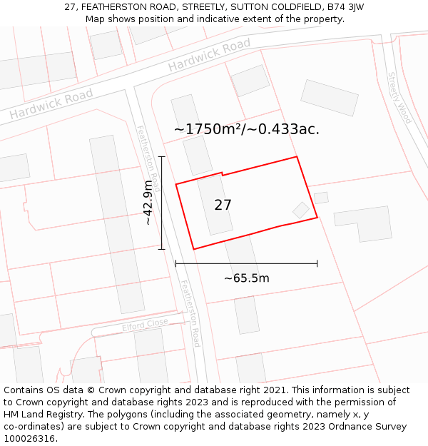 27, FEATHERSTON ROAD, STREETLY, SUTTON COLDFIELD, B74 3JW: Plot and title map