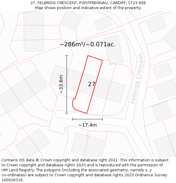 27, FELBRIGG CRESCENT, PONTPRENNAU, CARDIFF, CF23 8SE: Plot and title map