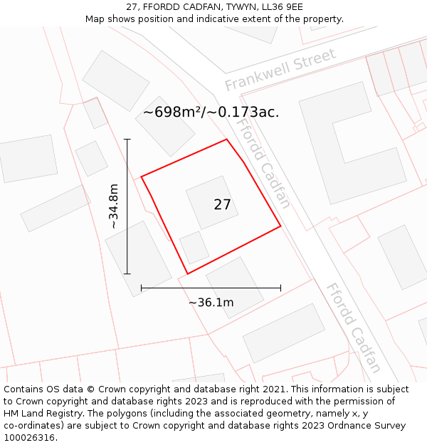 27, FFORDD CADFAN, TYWYN, LL36 9EE: Plot and title map