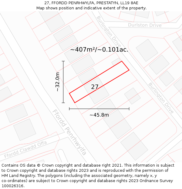 27, FFORDD PENRHWYLFA, PRESTATYN, LL19 8AE: Plot and title map