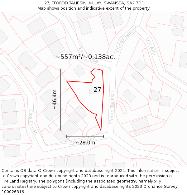 27, FFORDD TALIESIN, KILLAY, SWANSEA, SA2 7DF: Plot and title map