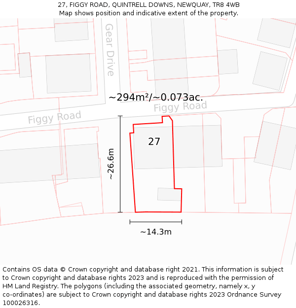 27, FIGGY ROAD, QUINTRELL DOWNS, NEWQUAY, TR8 4WB: Plot and title map