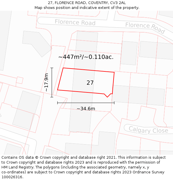 27, FLORENCE ROAD, COVENTRY, CV3 2AL: Plot and title map