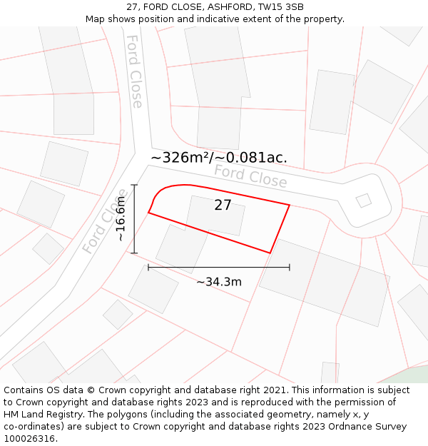 27, FORD CLOSE, ASHFORD, TW15 3SB: Plot and title map