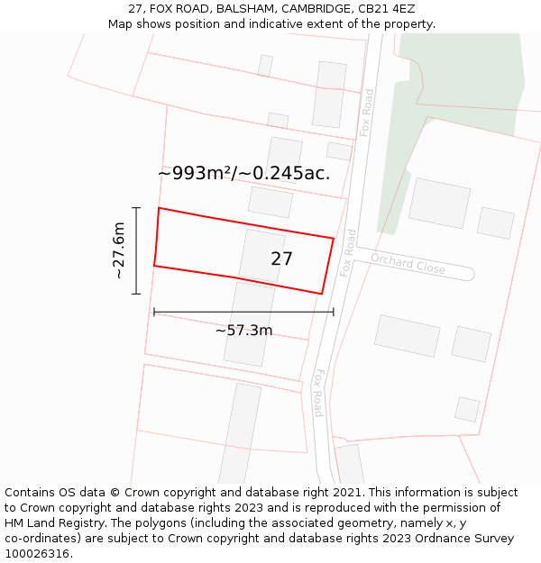 27, FOX ROAD, BALSHAM, CAMBRIDGE, CB21 4EZ: Plot and title map