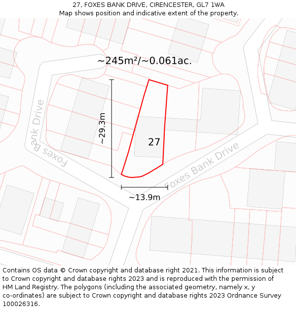 27, FOXES BANK DRIVE, CIRENCESTER, GL7 1WA: Plot and title map