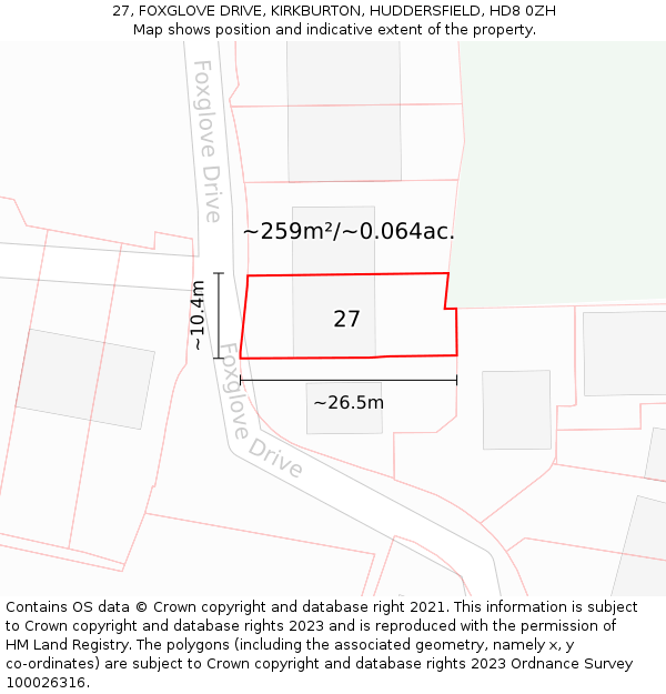 27, FOXGLOVE DRIVE, KIRKBURTON, HUDDERSFIELD, HD8 0ZH: Plot and title map