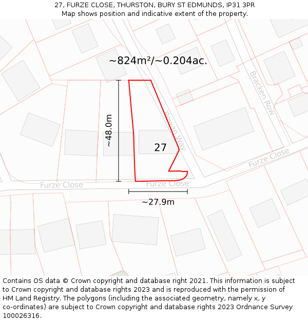 27, FURZE CLOSE, THURSTON, BURY ST EDMUNDS, IP31 3PR: Plot and title map
