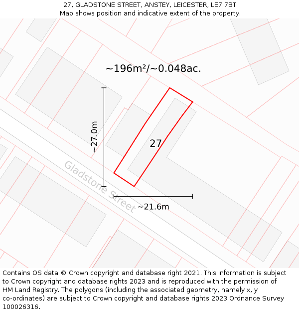 27, GLADSTONE STREET, ANSTEY, LEICESTER, LE7 7BT: Plot and title map