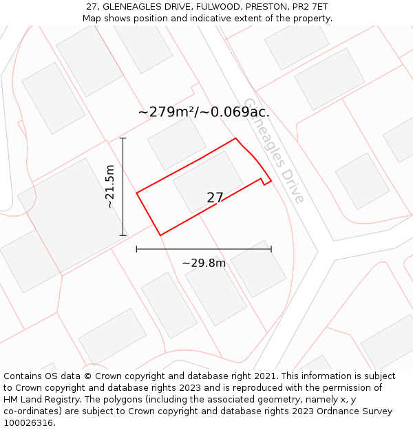 27, GLENEAGLES DRIVE, FULWOOD, PRESTON, PR2 7ET: Plot and title map