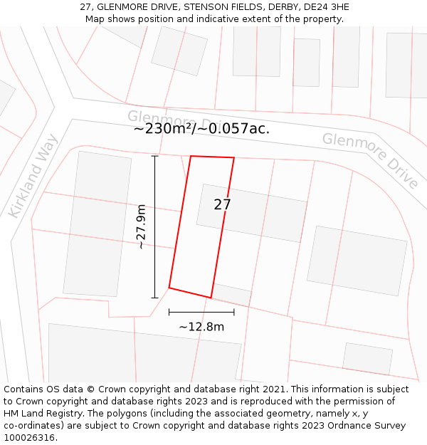 27, GLENMORE DRIVE, STENSON FIELDS, DERBY, DE24 3HE: Plot and title map