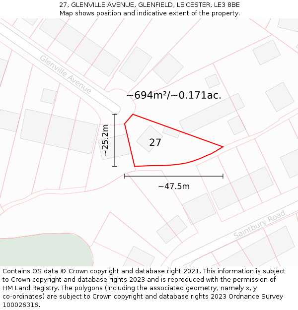 27, GLENVILLE AVENUE, GLENFIELD, LEICESTER, LE3 8BE: Plot and title map