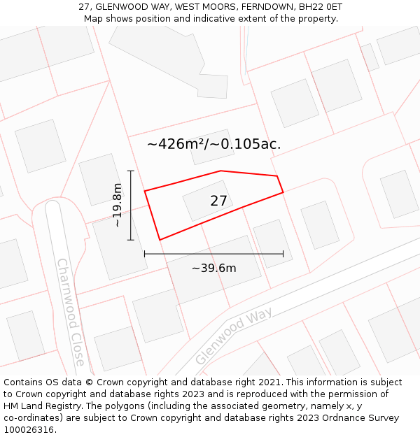 27, GLENWOOD WAY, WEST MOORS, FERNDOWN, BH22 0ET: Plot and title map