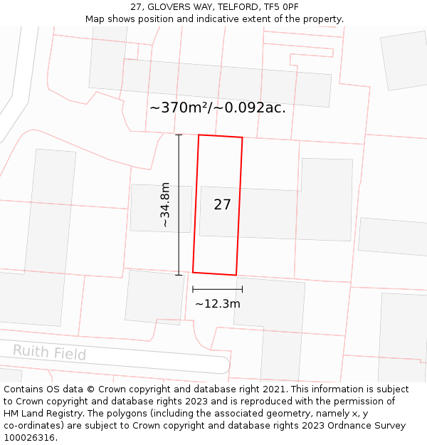 27, GLOVERS WAY, TELFORD, TF5 0PF: Plot and title map