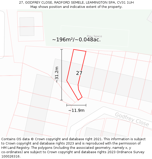 27, GODFREY CLOSE, RADFORD SEMELE, LEAMINGTON SPA, CV31 1UH: Plot and title map