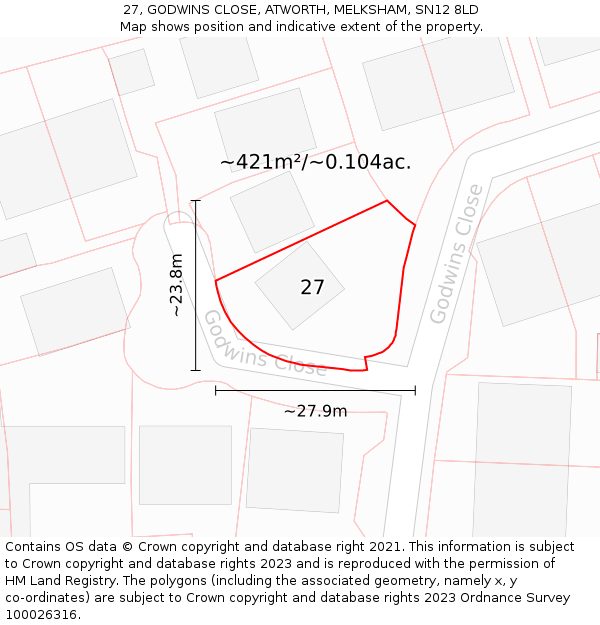 27, GODWINS CLOSE, ATWORTH, MELKSHAM, SN12 8LD: Plot and title map