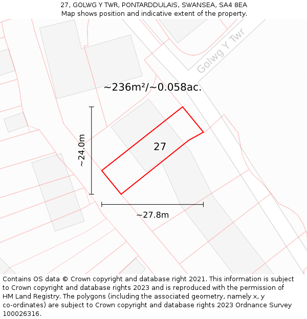 27, GOLWG Y TWR, PONTARDDULAIS, SWANSEA, SA4 8EA: Plot and title map