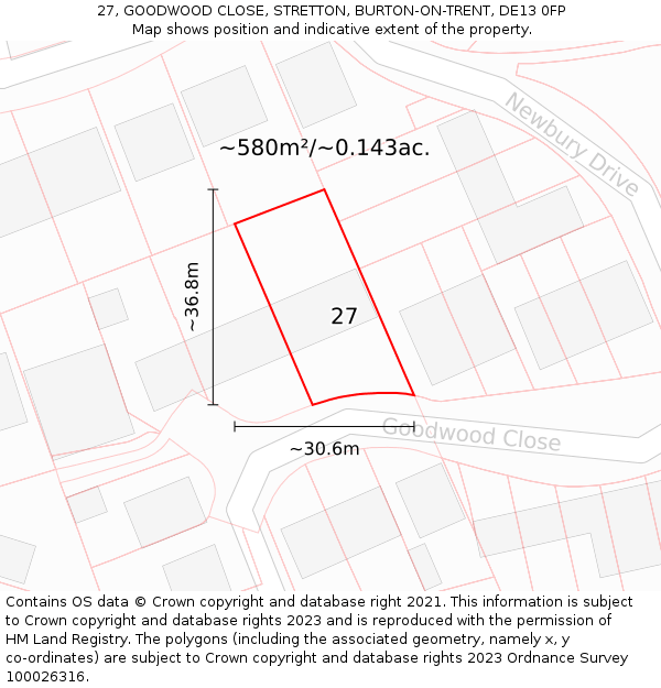 27, GOODWOOD CLOSE, STRETTON, BURTON-ON-TRENT, DE13 0FP: Plot and title map
