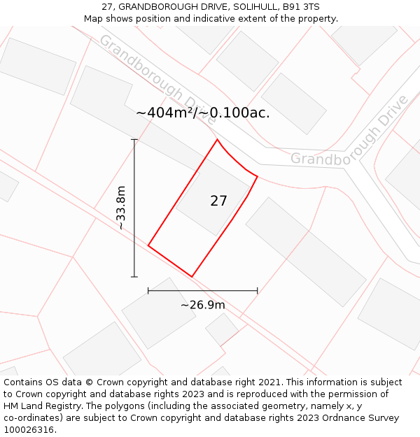 27, GRANDBOROUGH DRIVE, SOLIHULL, B91 3TS: Plot and title map