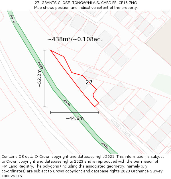 27, GRANTS CLOSE, TONGWYNLAIS, CARDIFF, CF15 7NG: Plot and title map