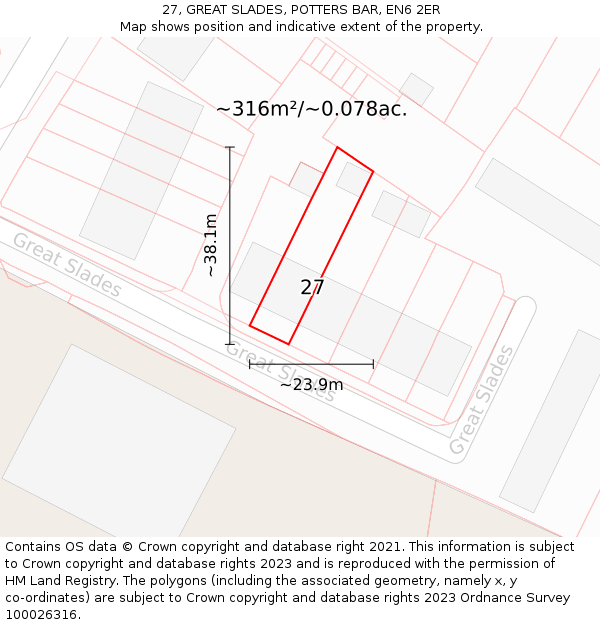 27, GREAT SLADES, POTTERS BAR, EN6 2ER: Plot and title map