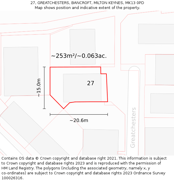 27, GREATCHESTERS, BANCROFT, MILTON KEYNES, MK13 0PD: Plot and title map