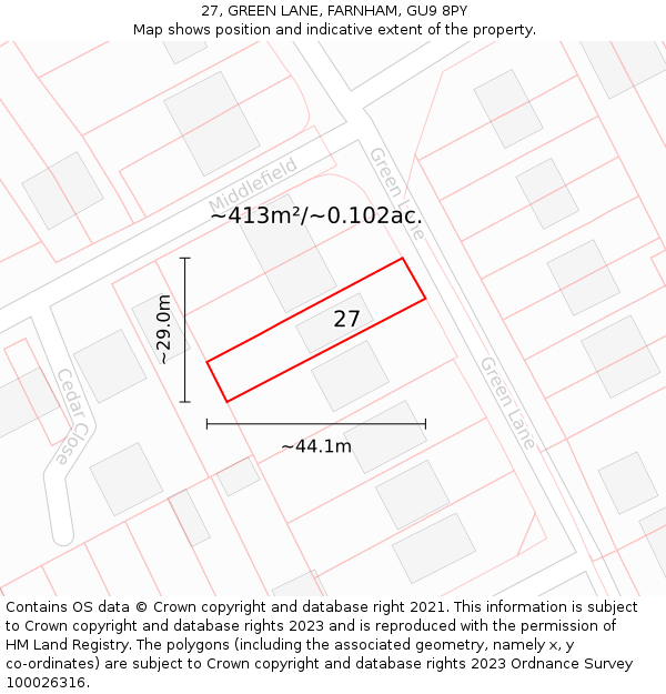 27, GREEN LANE, FARNHAM, GU9 8PY: Plot and title map