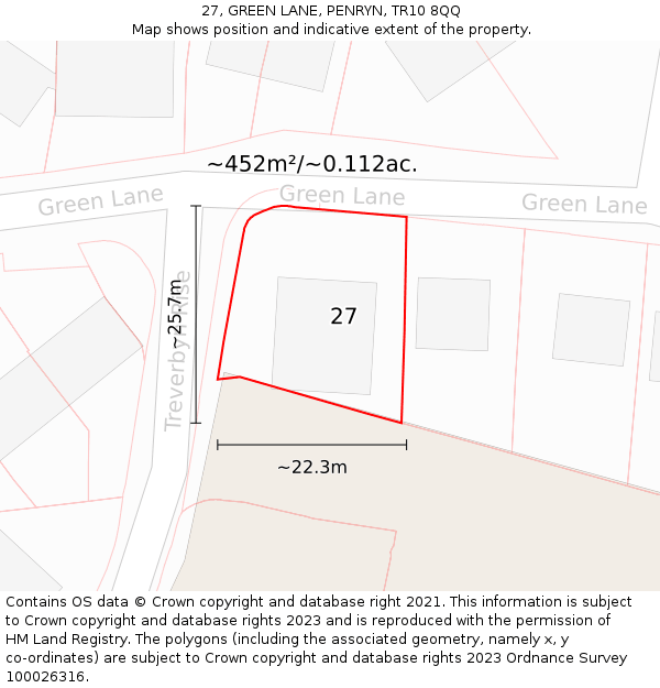 27, GREEN LANE, PENRYN, TR10 8QQ: Plot and title map