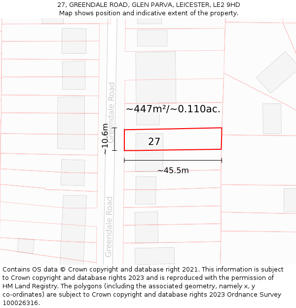 27, GREENDALE ROAD, GLEN PARVA, LEICESTER, LE2 9HD: Plot and title map